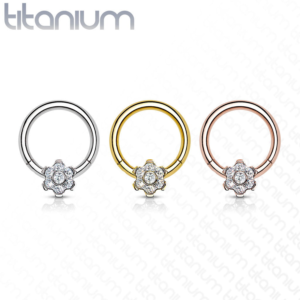 Hinged Ring Flower Gem | Titanium Clicker Segment Hoop Ring - Avanti Body Jewelry