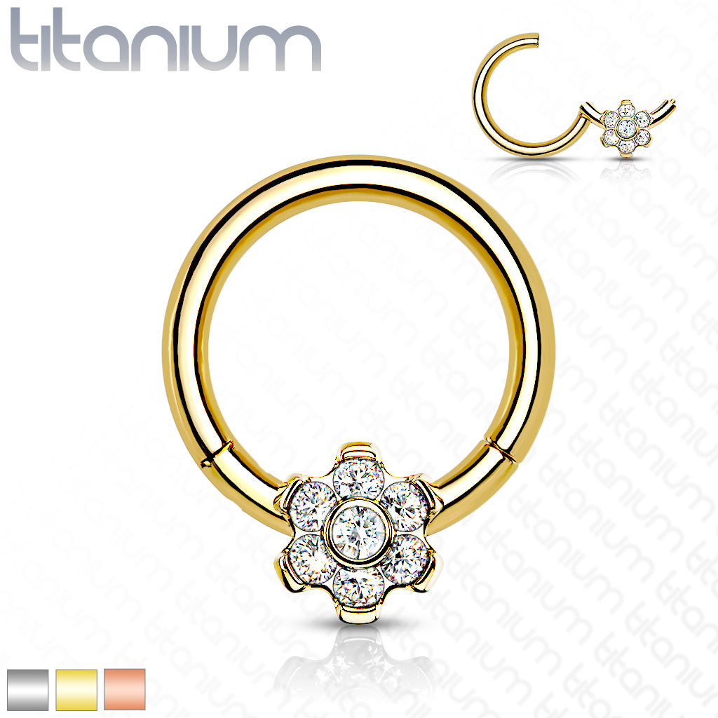 Hinged Ring Flower Gem | Titanium Clicker Segment Hoop Ring - Avanti Body Jewelry