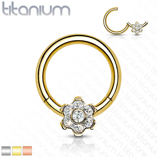 Hinged Ring Flower Gem | Titanium Clicker Segment Hoop Ring - Avanti Body Jewelry