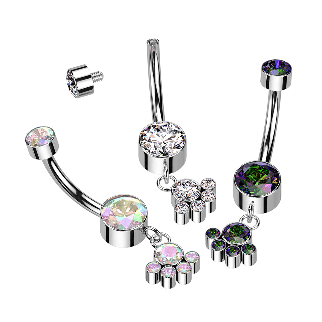 Titanium Navel | Double Gem Belly Ring w/ 5 Gem Dangle Cluster - Avanti Body Jewelry
