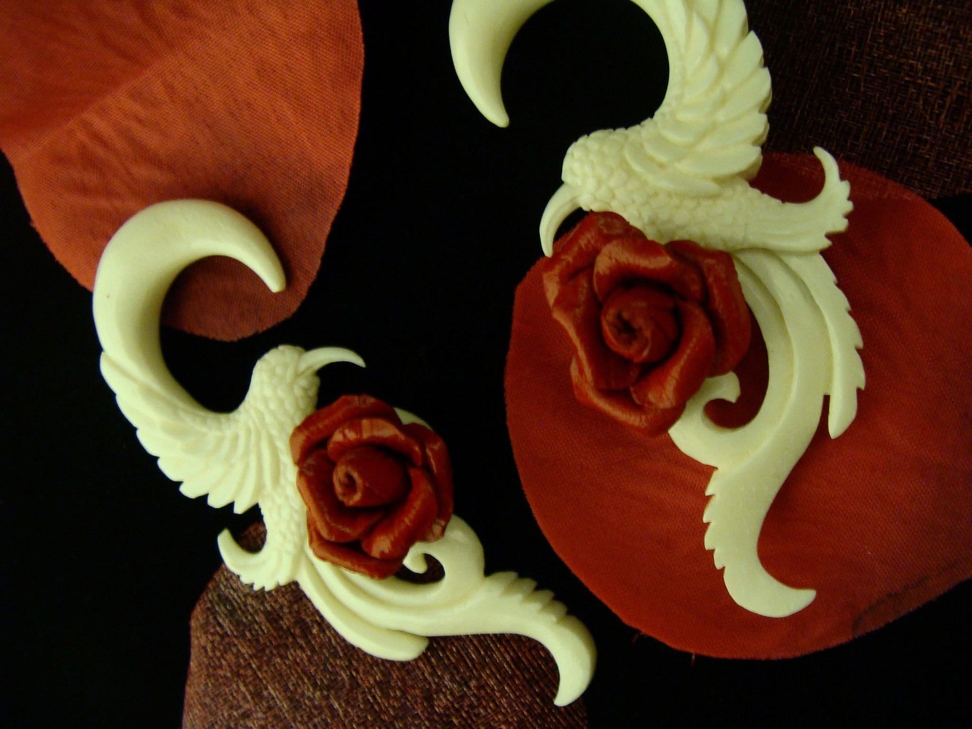 Carved Hummingbird Bone Hangers with Red Rose - Avanti Body Jewelry