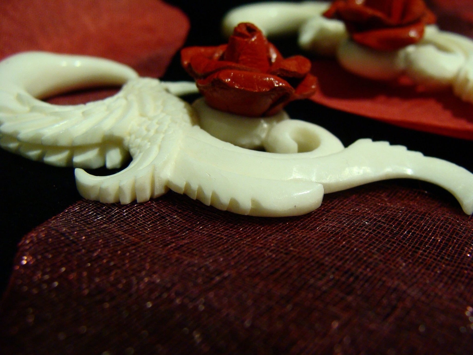 Carved Hummingbird Bone Hangers with Red Rose - Avanti Body Jewelry