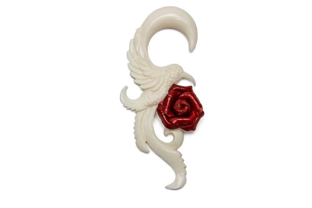 Carved Hummingbird Bone Hangers with Red Rose - Avanti Body Jewelry