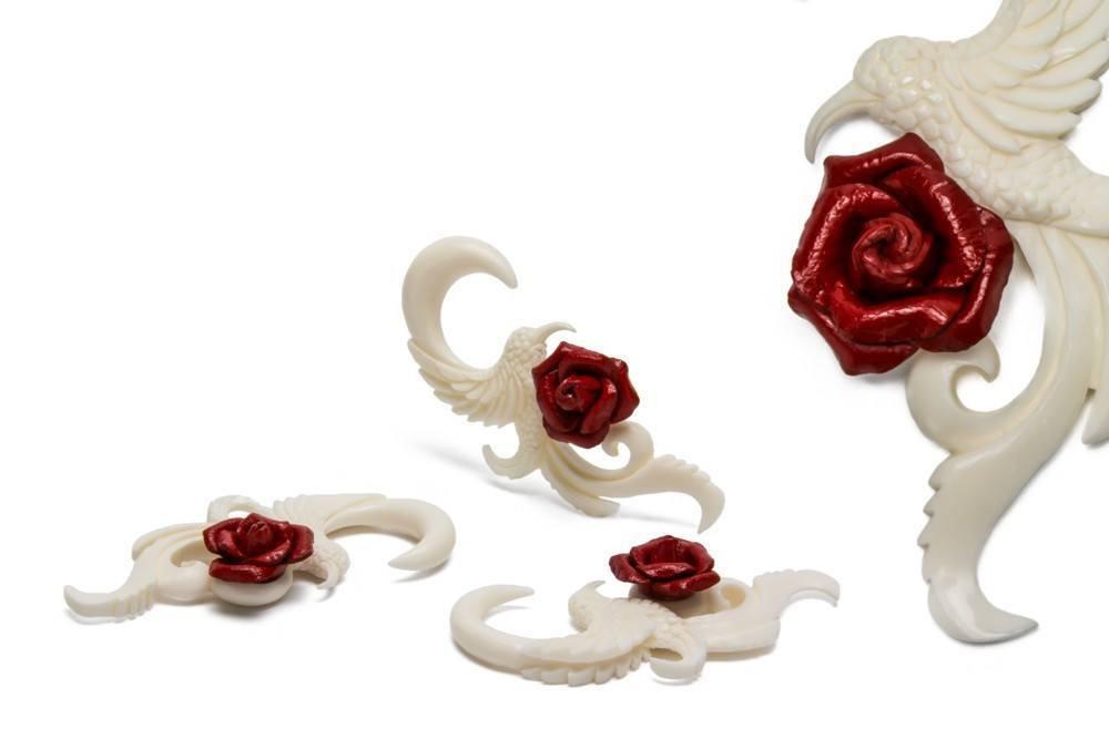 Carved Hummingbird Bone Hangers with Red Rose - Avanti Body Jewelry