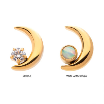 Crescent Moon CZ/Opal Top | 24K PVD Titanium Threadless Top For Nose, Ears & Lip - Avanti Body Jewelry