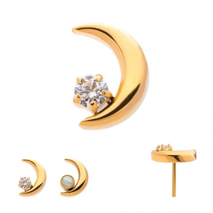 Crescent Moon CZ/Opal Top | 24K PVD Titanium Threadless Top For Nose, Ears & Lip - Avanti Body Jewelry