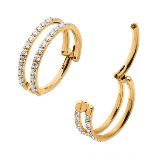 Hinged Ring Double Row Clear CZ Side Facing | Titanium Clicker Segment Hoop Ring - Avanti Body Jewelry