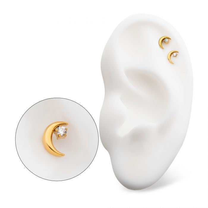 Crescent Moon CZ/Opal Top | 24K PVD Titanium Threadless Top For Nose, Ears & Lip - Avanti Body Jewelry